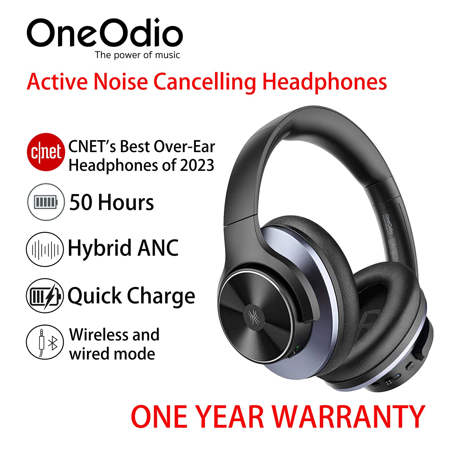 OneOdio A10 Active Noise Cancelling (ANC) Wireless Headphone with Mic and Fast Charging